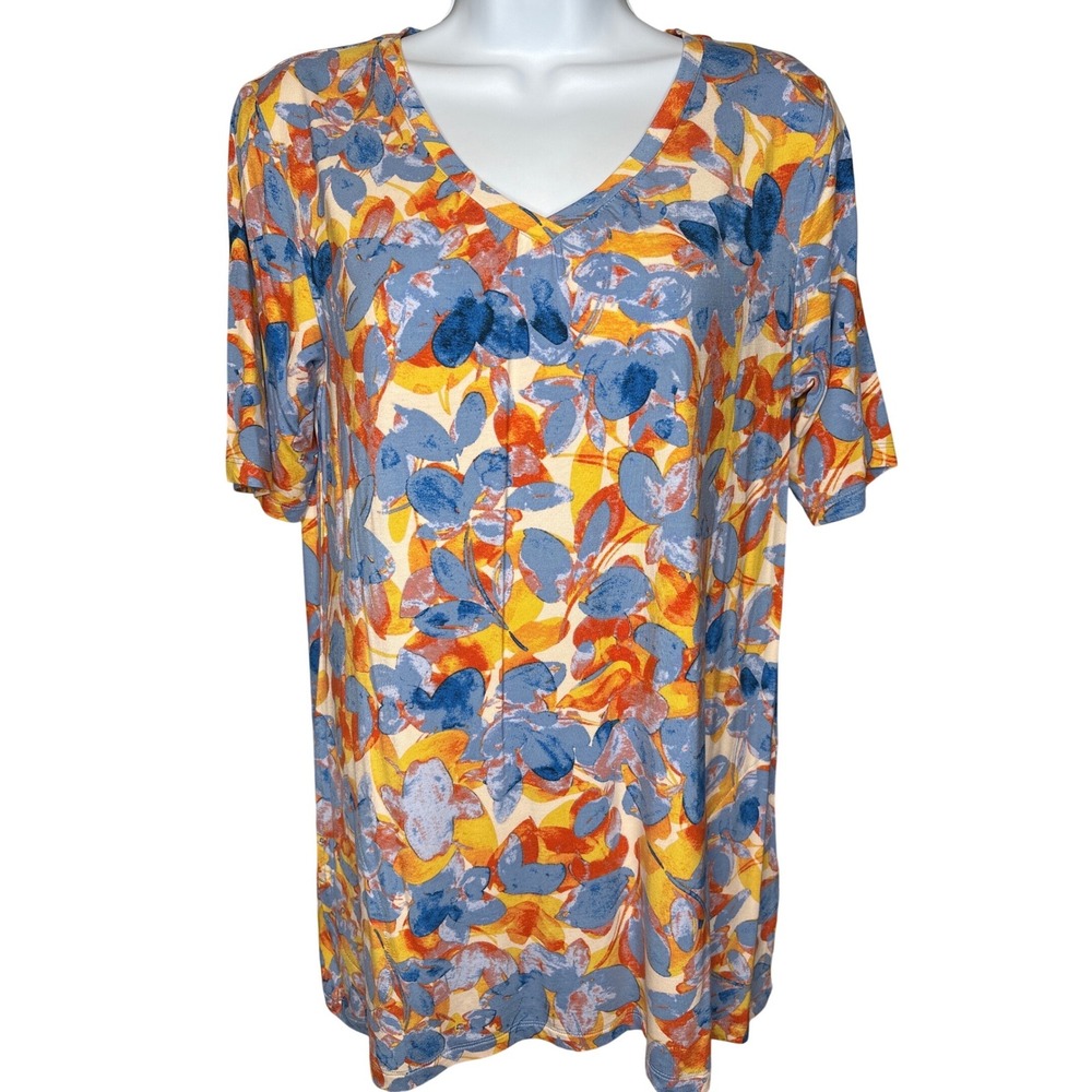 LOGO Lori Goldstein Womens Multicolor Floral V-Neck T-Shirt XS Pockets Casual
